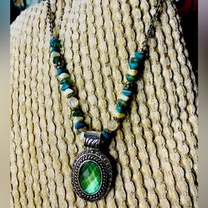 Turquoise & White Stones with Glass Pendant Necklace